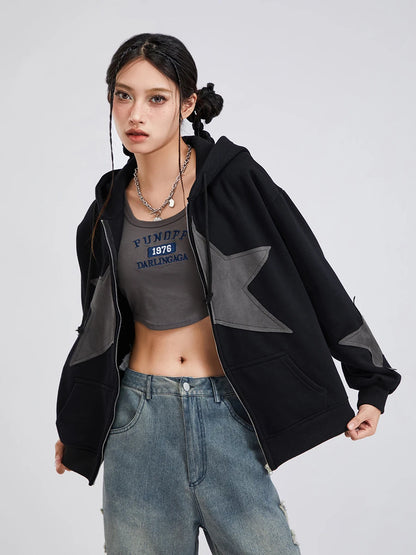 Y2K Vintage Star Print Hooded Hoodie for Women Casual Loose Long Sleeve Zip Up Drawstring Sweatshirts Autumn Spring Coat Street.