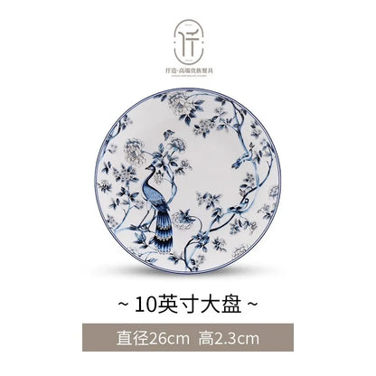 Blue Peacock Bone China Dining Plate Blue and White Kitchen Tableware Flower Ceramic Tableware Home Dining Bar Main Course Plate