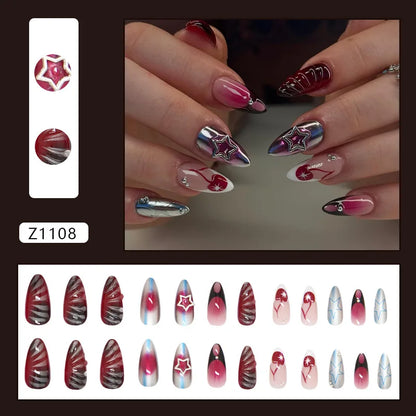 24pcs Red Star Print Fake Nails Sweet Cool Short Almond Press on Nail for Women Wearable Detachable Ins Spice Girl False Nails