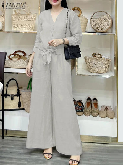 2025 ZANZEA Autumn Outfits 2PCS Women Work Matching Sets Fashion Spring Long Sleeve Blouse Pant Sets Casual Solid OL Tracksuits.