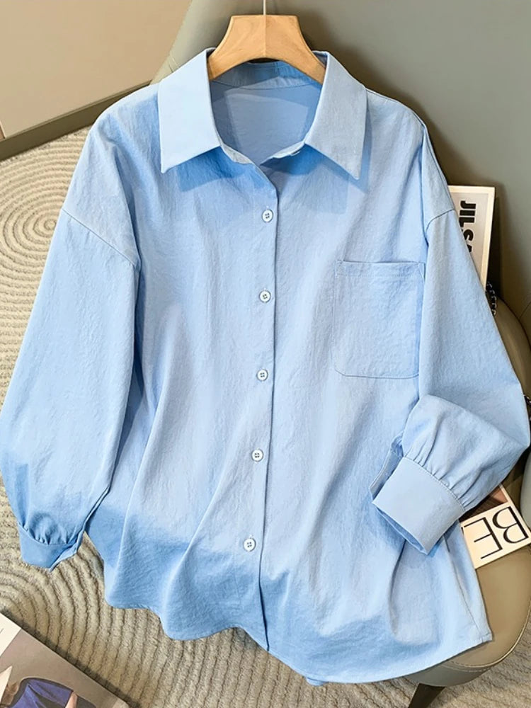 Plus Size Women's Blouses 2025 Spring Autumn Simple Lady Shirts Long Sleeve Big Pockets Shirt Loose Casual Tops.