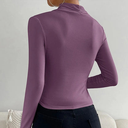 Sexy Elegant Fall Winter Long Sleeve Cross Pleated Pullover Women's Modal Solid Color Irregular Tops Street Daily Versatile Tees.
