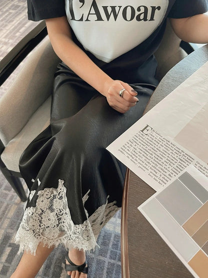 Satin Lace Patchwork Midi Skirt 2025 Women A-line Elegant Smooth Skirt Women Clothing.