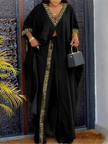 2023 Spring Summer New Women's V-neck Loose Long Sleeved Top Letter Printing Fashion Casual Open Front Women's Pants Set.