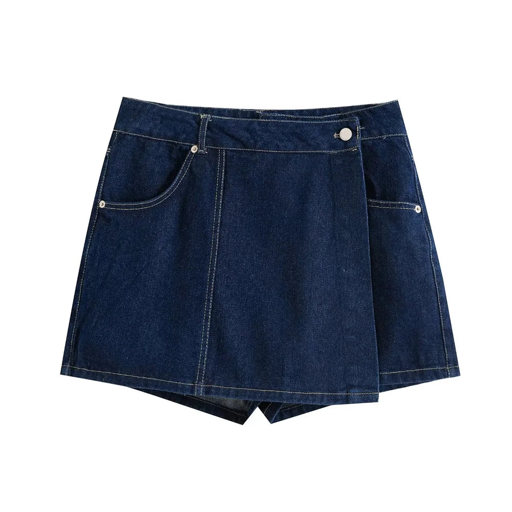 Women Fashion With Pockets Wrap Denim Shorts Skirts High Waist Zipper Fly Female Skort Mujer.