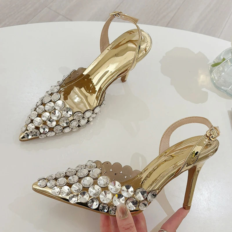 Liyke Elegant Pointed Toe Slingback Stiletto Sandals Crystal Diamonds Women Pumps High Heels Wedding Prom Shoes Zapatos Mujer.