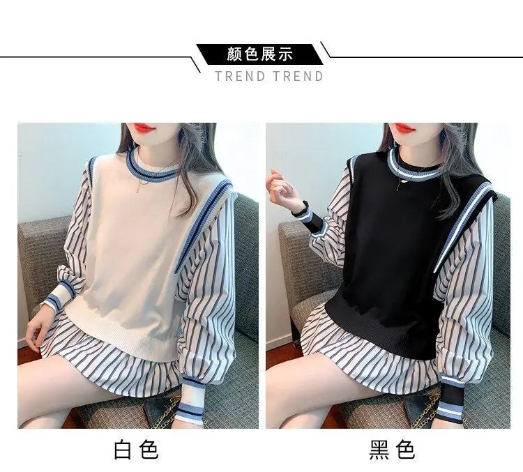 Autumn Preppy Style Patchwork O-neck Fake Two Pieces Top Tee Female Casual Striped Long Sleeve Sweatshirts Women Clothes Tshirt.