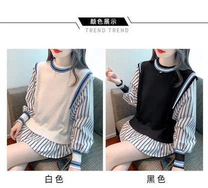 Autumn Preppy Style Patchwork O-neck Fake Two Pieces Top Tee Female Casual Striped Long Sleeve Sweatshirts Women Clothes Tshirt.