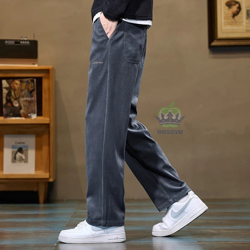 Autumn Winter Men's Corduroy Pants Elastic Waist Fashion Stretch Loose Straight Black Grey Thick Trousers Male Plus Size M-5xl.