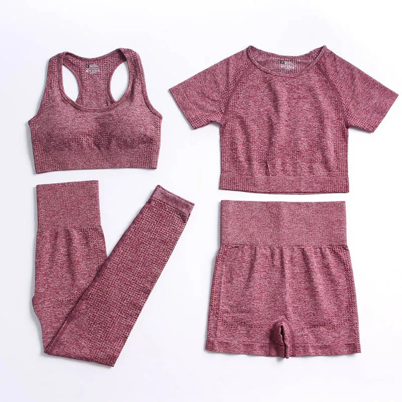 2/4PCS Summer Seamless Yoga Set Women Workout Clothes Sports Bra Short Sleeve Crop Top High Waist Legging Fitness Sports Suits