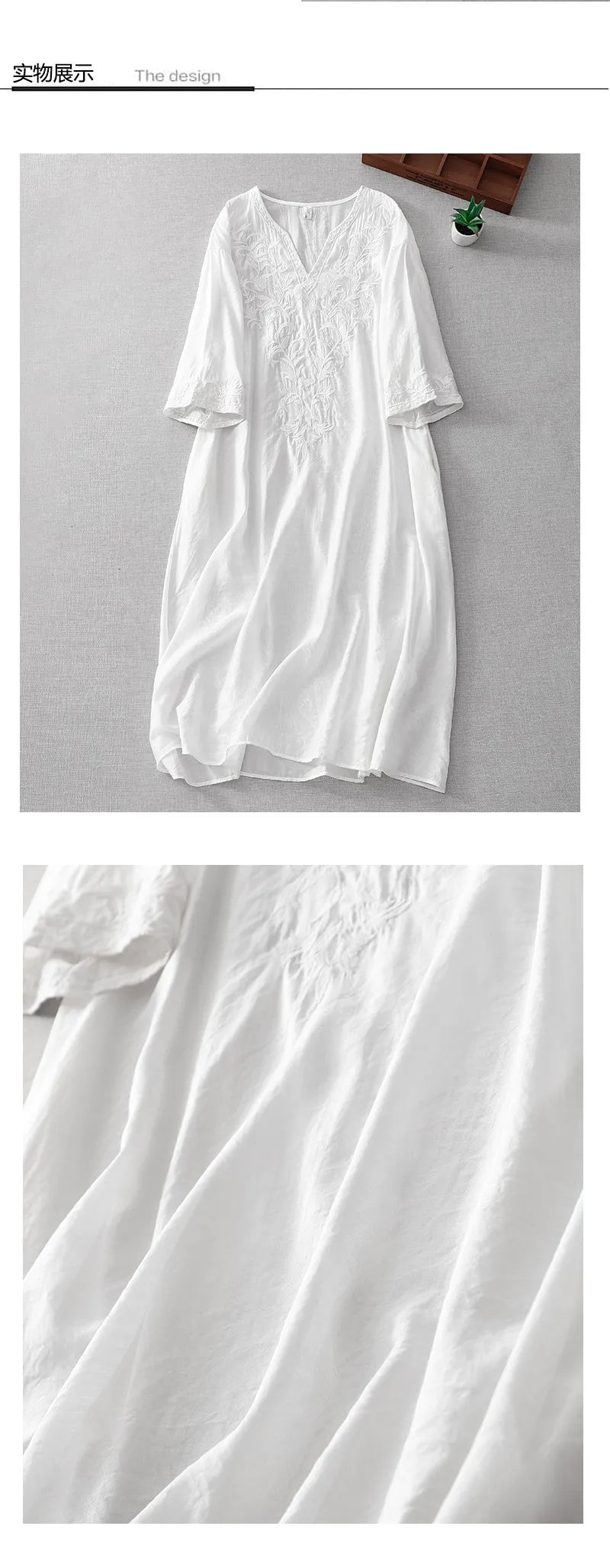 Neuankömmling 2024 Sommer Kunst Stil Frauen Kurzarm V-Ausschnitt lockeres Kleid Vintage Stickerei solide weiße A-Linie lange Kleider.