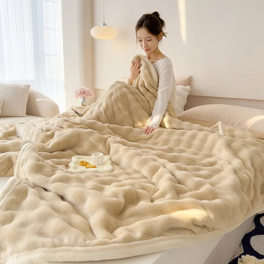 Solid Color Flannel Rabbit Fur Blanket Nap Cover Blanket Soft Sofa Blanket Coral Fleece Cover For Bedroom office lunch break.