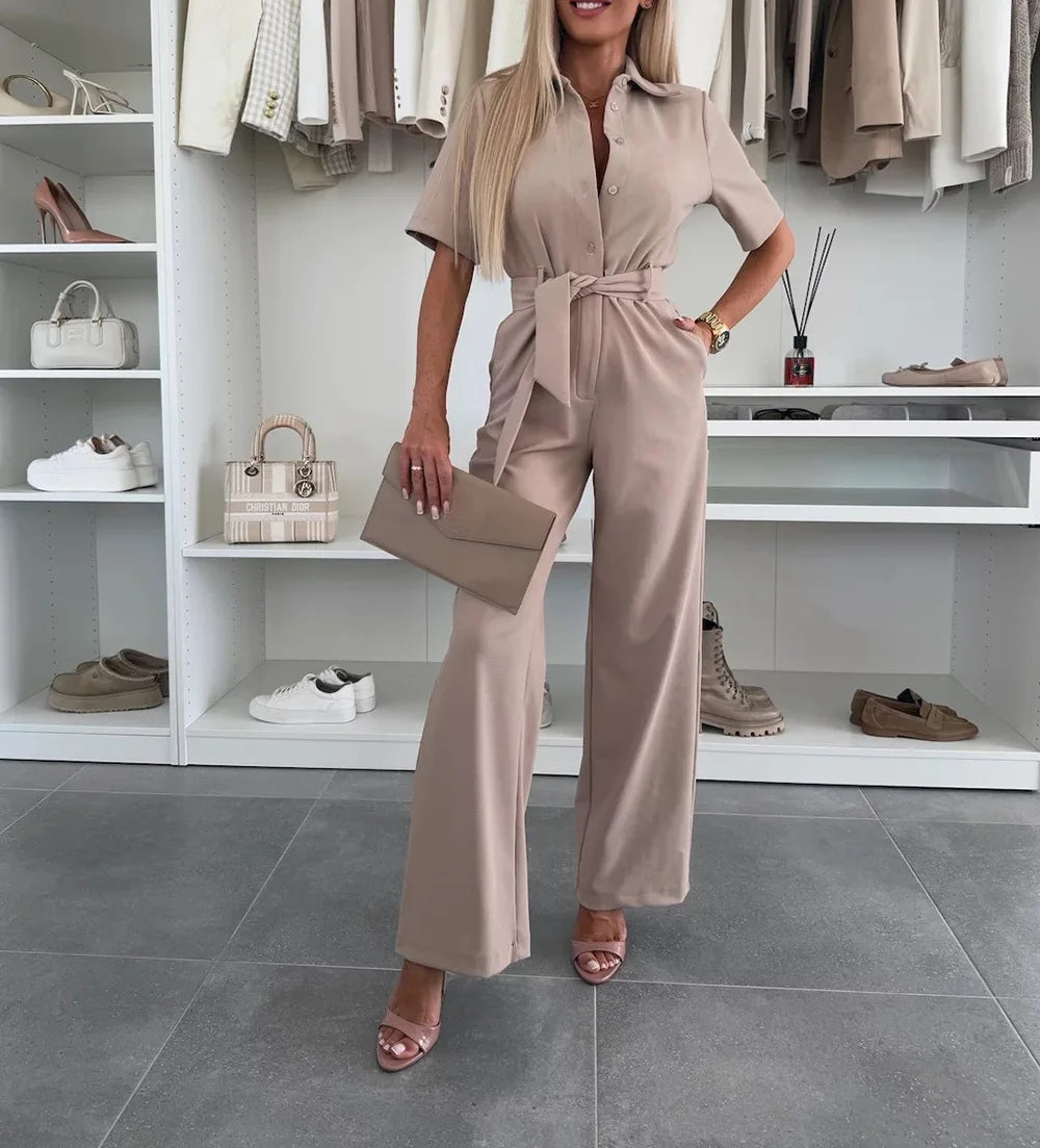 New Spring Summer Women Jumpsuits, Elegant Office Lady Jumpsuit Solid Color Belt Short Sleeve Casual Overalls Wide Leg Pants.