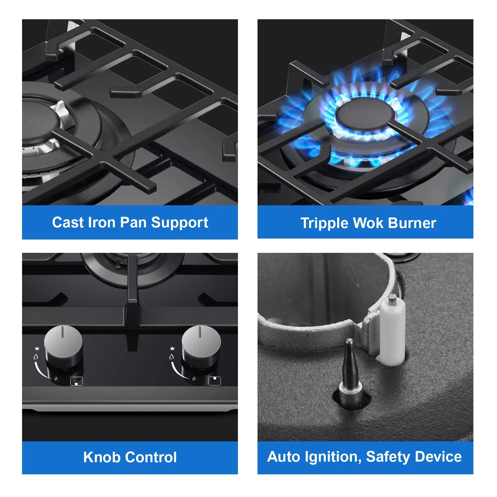 EU Certified 2 Burner Gas Hob 30cm Tempered Glass | Built-in w/Cast Iron Rack Dual Fuel (NG/LPG) 5200W Flame Failure Black.