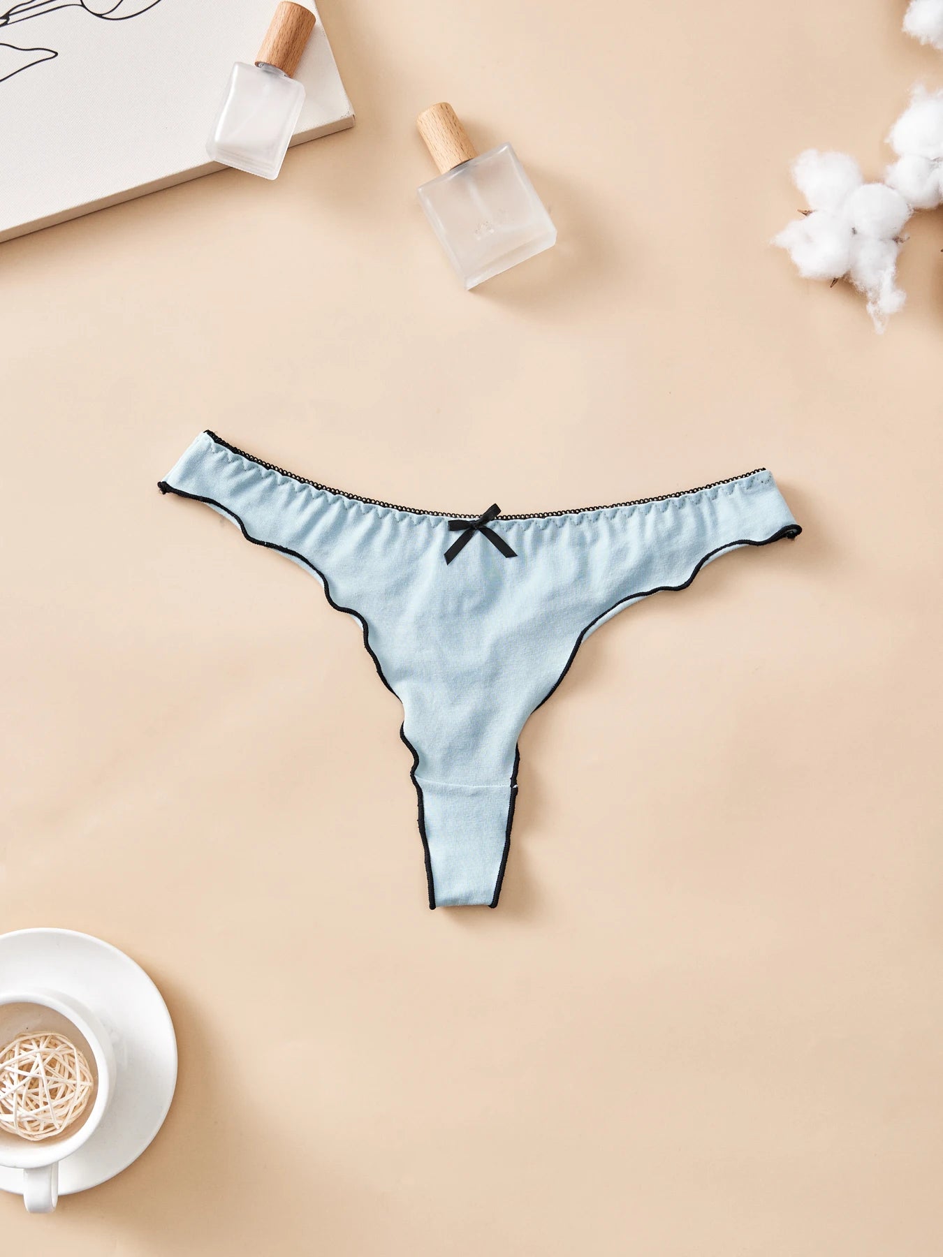 4pcs women's cotton solid color thong sexy comfortable women's underwear daily breathable T-back knitted bow cute girl low-waist.