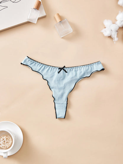 4pcs women's cotton solid color thong sexy comfortable women's underwear daily breathable T-back knitted bow cute girl low-waist.