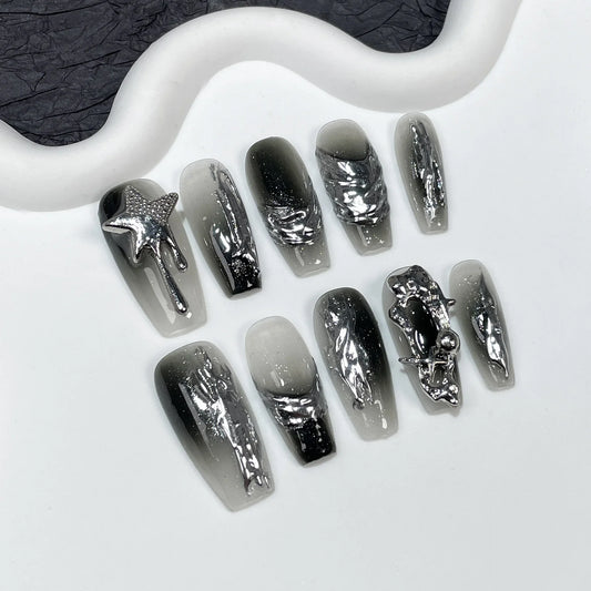 10pcs Black Press on Nails Medium Coffin Sliver Swirl Y2k Fake Nails with Glue Acrylic False Nails Press Ons Full Cover Nail Tip.