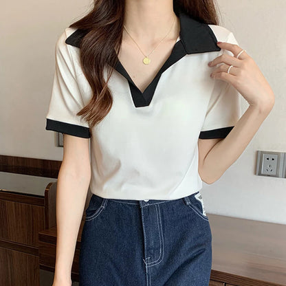 For Daily Use Splicing Pattern Blouse Lapel Short Sleeve Ideal For Casual Outings L Bust 76-90cm Daily Wear Casual Lapel Top.