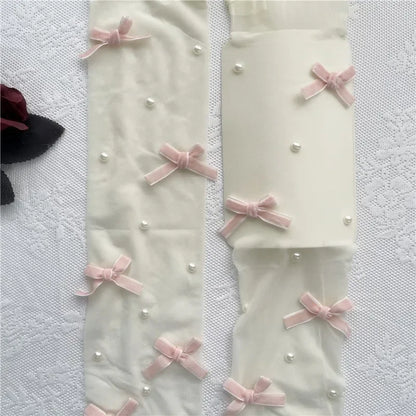 Sweet Pure Desire Butterfly Knot Stockings Pearl Pantyhose Women's Ultra Thin Any Cut Anti Snag Long Tube Socks.