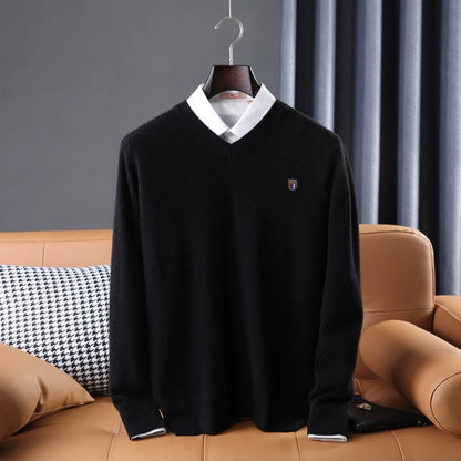Soft Warm Pullover Cashmere Sweater Men's V Neck Thickened Classic Tops Autumn Winter New  Casual Solid Color Knitted Pullover.