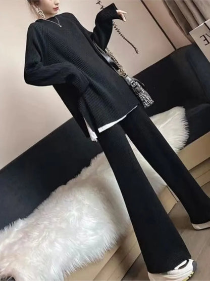 2024 Autumn Winter New Women's Fashion Fashionable Age Reducing Two Piece Pants Knitted Sweater Straight Leg Pants Set For Women.