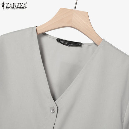 2025 ZANZEA Autumn Outfits 2PCS Women Work Matching Sets Fashion Spring Long Sleeve Blouse Pant Sets Casual Solid OL Tracksuits.