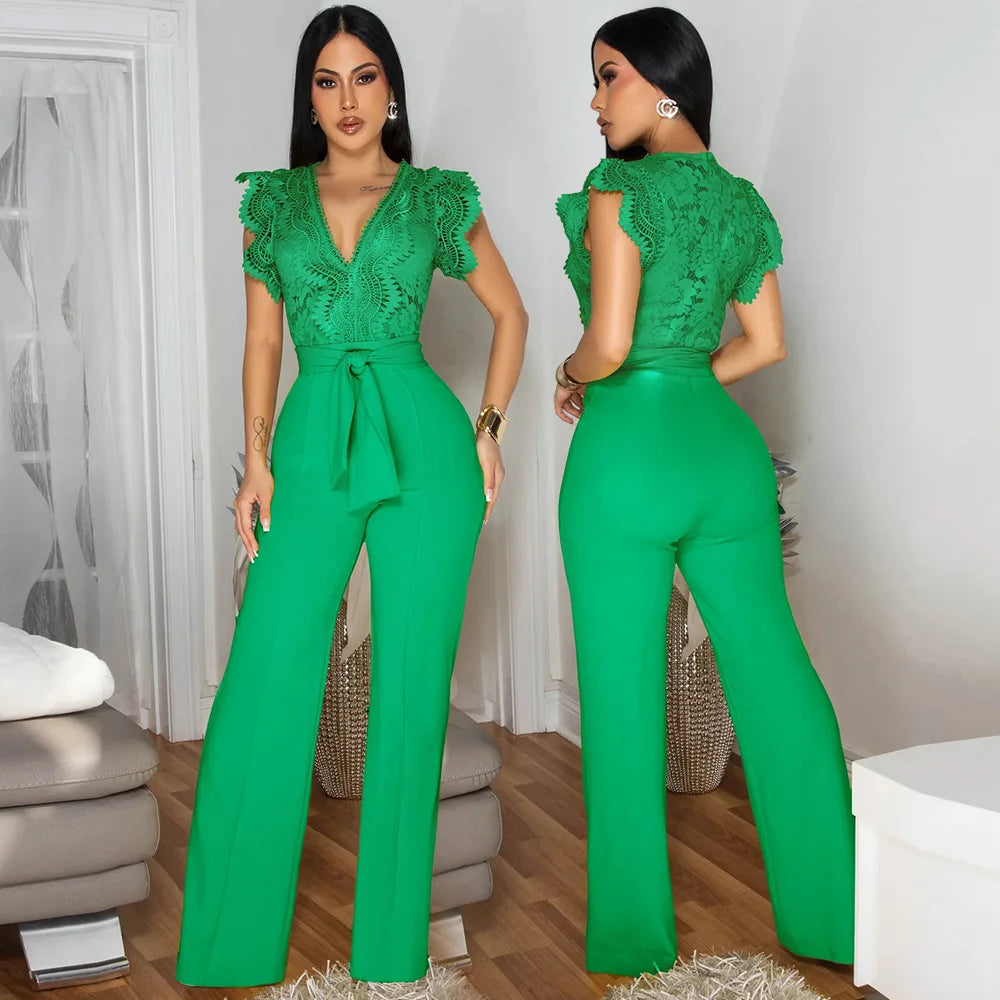 Summer Fashion Lace High Waisted Jumpsuit Women Elegant OL Lace Sleeveless Waistband Straight Jumpsuit Women.