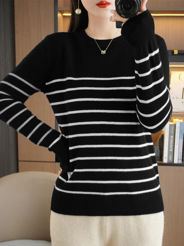 Herbst Winter neue Frauen O-Ausschnitt Farbe Streifen Pullover Wolle Mischung Mode weichen warmen Pullover Kaschmir lose lässig Strick Base Top