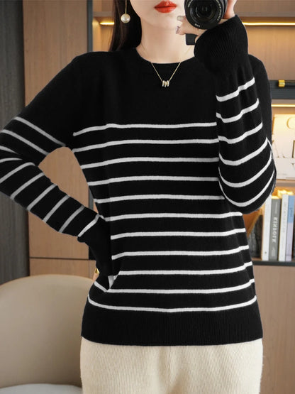 Herbst Winter neue Frauen O-Ausschnitt Farbe Streifen Pullover Wolle Mischung Mode weichen warmen Pullover Kaschmir lose lässig Strick Base Top