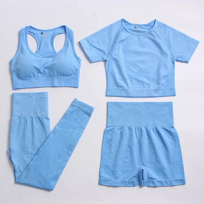 2/4PCS Summer Seamless Yoga Set Women Workout Clothes Sports Bra Short Sleeve Crop Top High Waist Legging Fitness Sports Suits