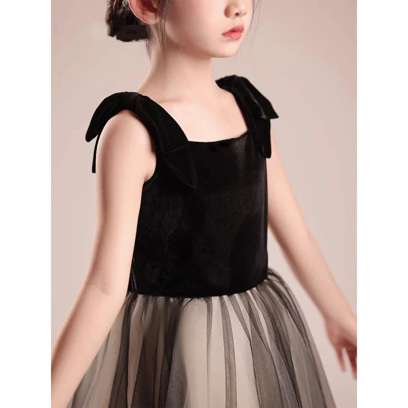 Kinderkleid Mädchen Mode Klavier Violine Performance Kleid Schwarz Samt Mesh Host Chor.