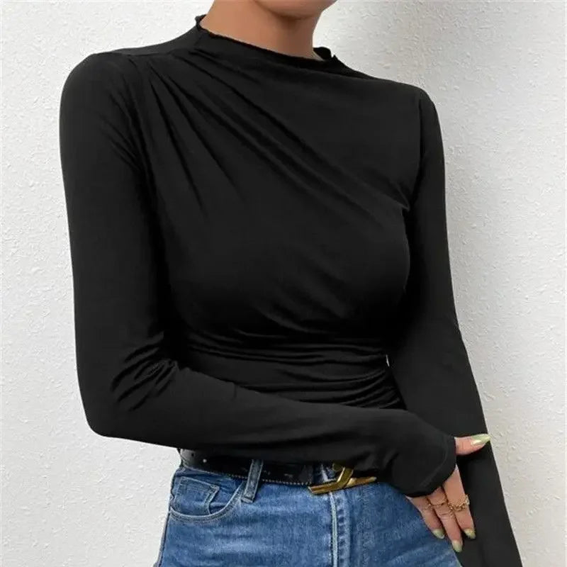New Pure Color Folded High Collar Slim Fit Long Sleeve T-Shirt Grey Autumn Winter Versatile Design Base Layer Women's Top.
