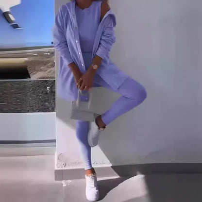 Women 3pcs Clothes Set Solid Color Sports Singel Breasted Shirt Jacket & Sleeveless Cami Tank Top & Slim Skinny Pants.