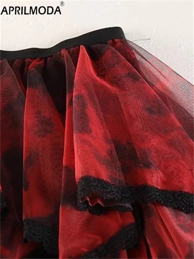 Irregular Hem Lace Cake Mesh Midi Long Skirt High Elastic Waist Ball Gown Harajuku Gothic Cosplay Maxi Skirts Red Party Skater.