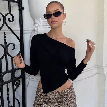 Women Casual Top Fashion Slim Slit Long Sleeve Pullover Top Sexy Strapless Pleated New Party Looks Top Female Streetwear.