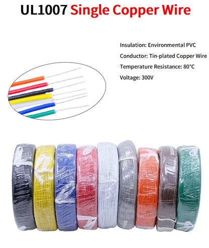 5M/50M Single Core Wire UL1007 PVC Tinned Copper Line 14/16/18/20/22/24/26 AWG Solid Cord LED Line DIY Equipment Electric Cable.