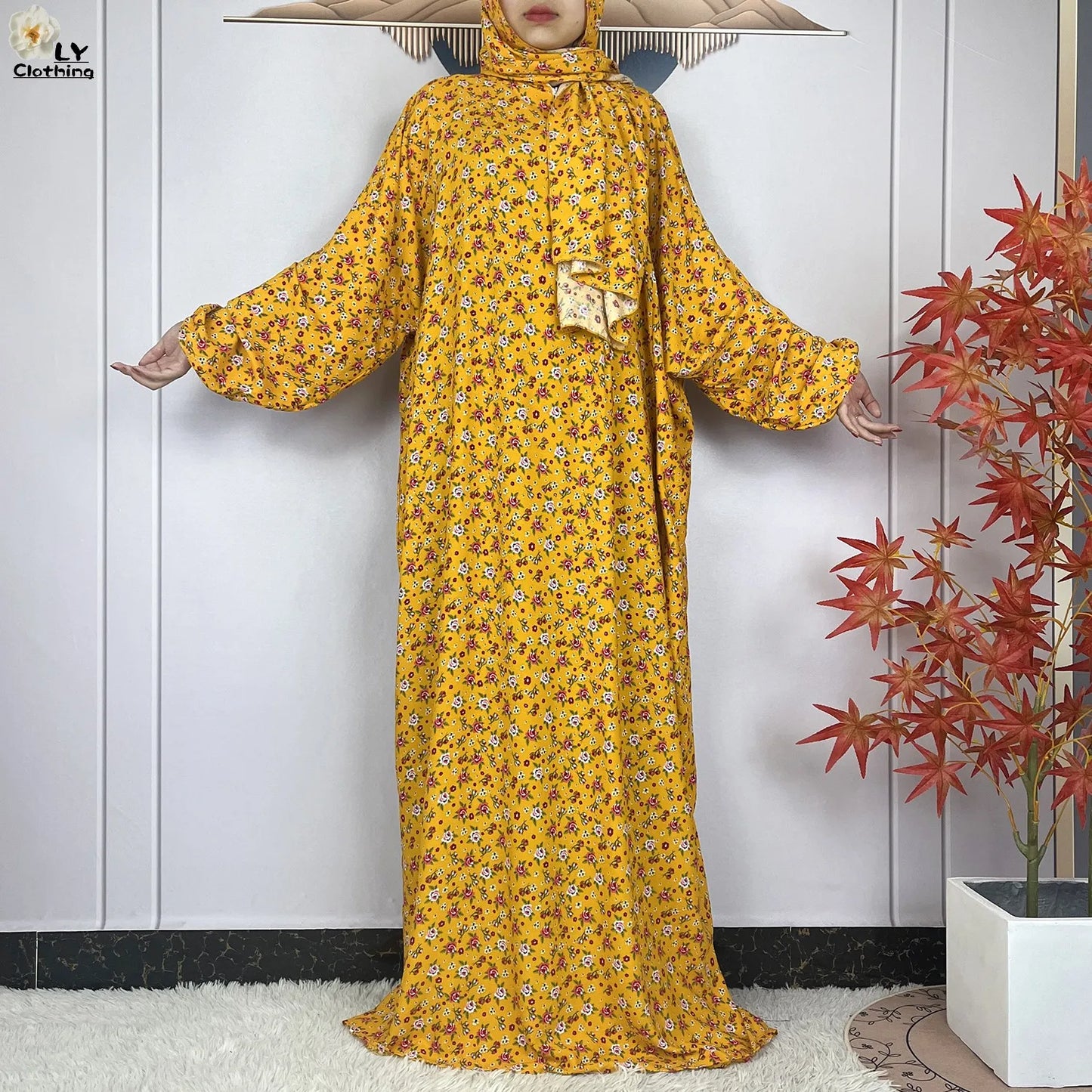 New Muslim Long Sleeved Cotton For Women Ramadan Prayer Turkey Middle East Femme Robe Floral Loose African Abaya Dress Scarfs.