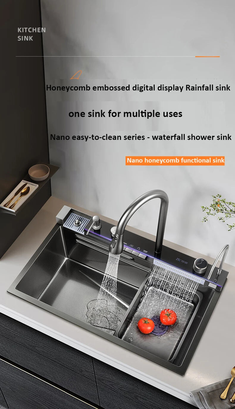 Kitchen Basin Stainless Steel Waterfall Sink Large Single Slot Integrated Digital Display Faucet Set Soap Dispenser Cup Washer