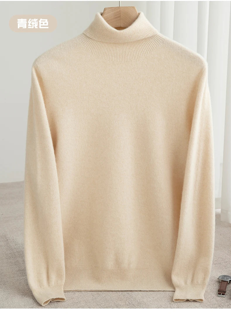 Men 100% Merino Wool Sweater Turtleneck Knitted Pullover Cashmere Warm Solid Color Clothes Business Bottoming Tops Autumn Winter