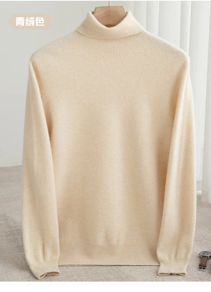 Men 100% Merino Wool Sweater Turtleneck Knitted Pullover Cashmere Warm Solid Color Clothes Business Bottoming Tops Autumn Winter