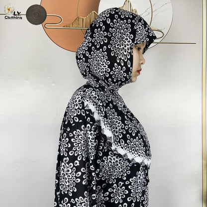 Muslim Ramadan Prayer For Women Long Sleeved Floral 2023Dubai Turkey Middle East Femme Loose Robe African Abayas Headscarf Dress.