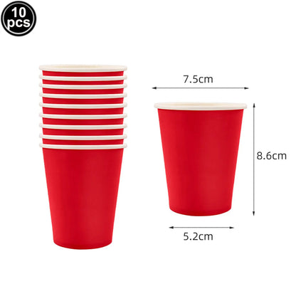 Solides rotes Thema, Einweggeschirr, rote Pappteller, Lebensmitteltablett, Tassen, Servietten, Löffel, Tischdecken, Hochzeit, Geburtstag, Party-Dekoration.