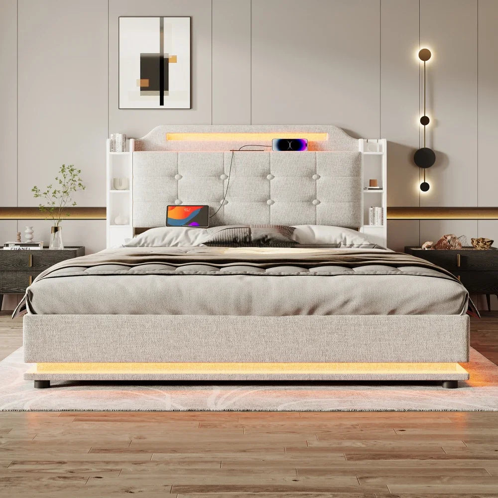 140*200cm Polsterbett mit LED-Lichtleiste und mehreren Ablagefächern, für Schlafzimmerwäsche, Beige (ohne Matratze)