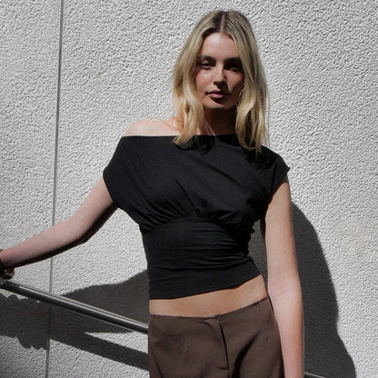 Solid Color One Shoulder Slant Neck Waist Shrinking Pleated Tank Top Women'S Summer New Casual Simple Fashion Tank Top.