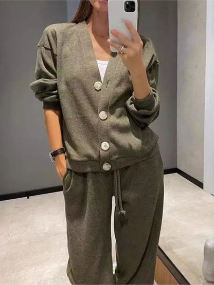 Autumn Fashion Knitted Cotton Women's Sports Jacket Suit Simple Trousers Pocket Casual Cardigan Elegant 2-piece Set Female.