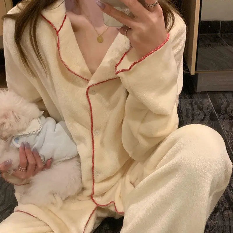 Flannel Women's Pajamas Sets Casual Autumn Winter Sleepwear Velvet Pyjama Ladies Cardigan Simple Bedroom Soft Warm Home Clothes.