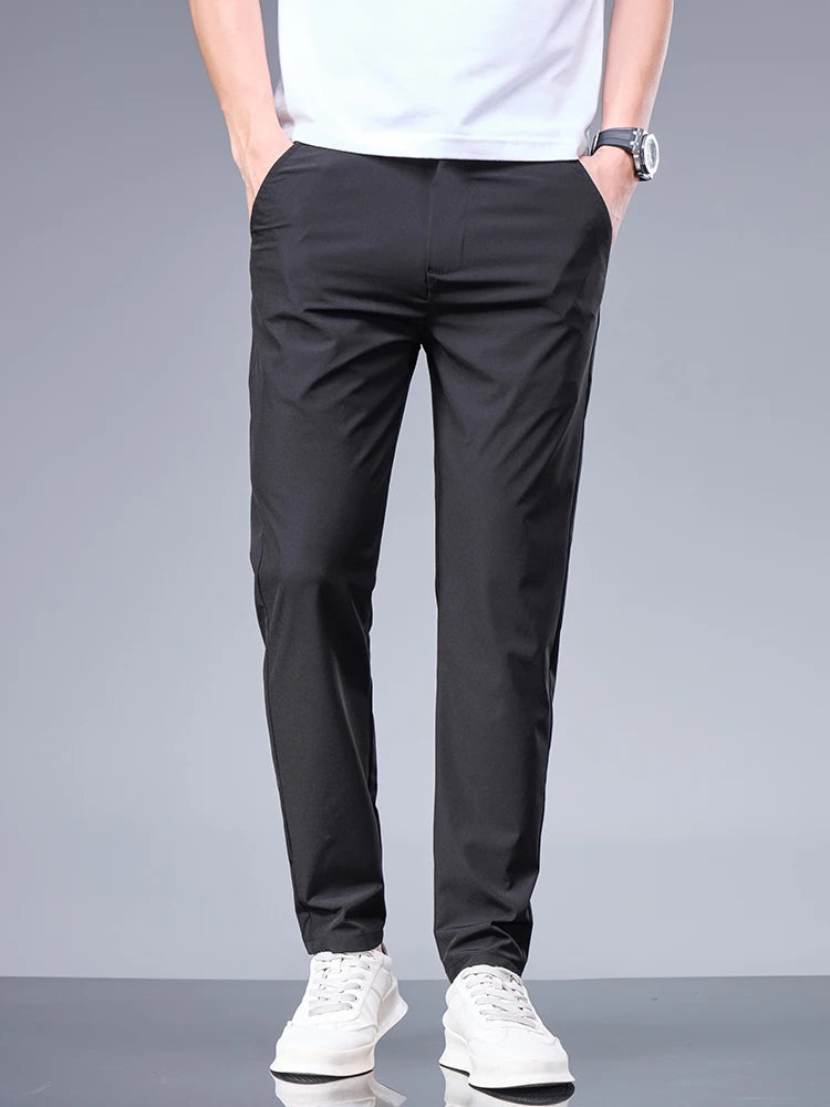 Summer New Business Ice Silk Pants Straight Elastic Waist Black Gray Trousers Breathable Simple Male Clothing Casual Suit Pants.