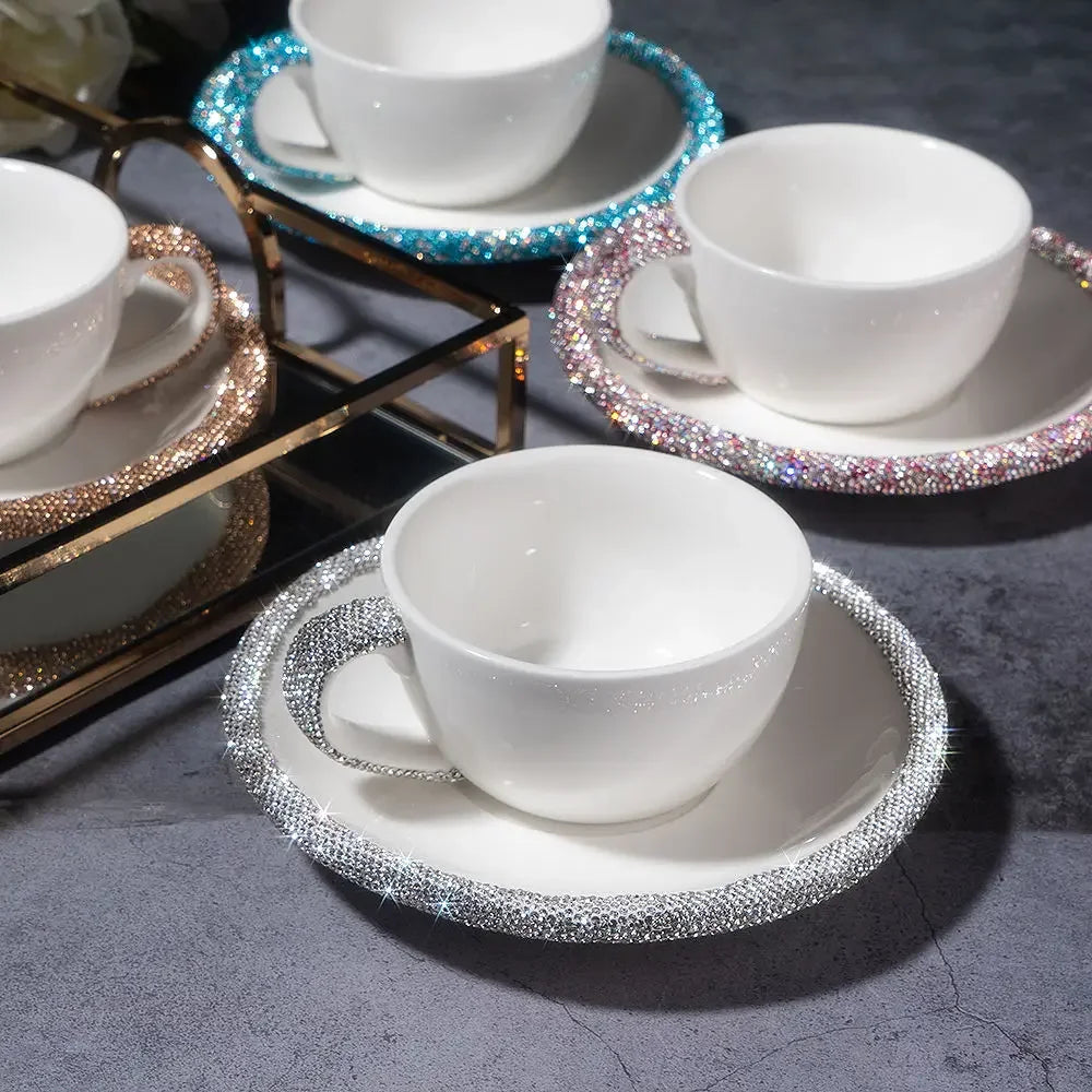 1 Set 210ml Cappuccino Coffee Cup Set Sparkling Rhinestone Ceramic Mugs With Saucer  Afternoon Tea Cup Dessert Plate Tablewar.