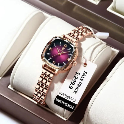 POEDAGAR High Quality Luxury Women Watch Stainless Steel Square Waterproof Quartz Ladies Wristwatches Dress Elegant Femme Clocks.