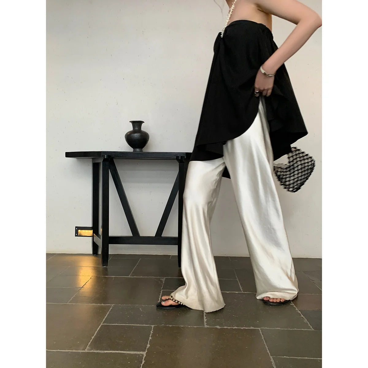 Satin Wide Leg Pants Long Floor Casual Pants Women's Summer.